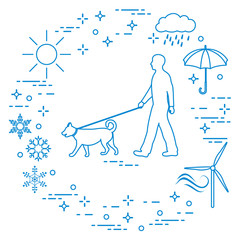 Man walking a dog on a leash in any weather.