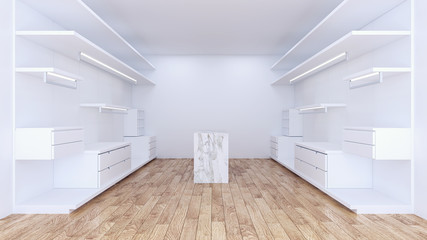 Modern minimalist  walk in closet with white wardrobe interior design,empty room ,wood floor and  white wall ,3d rendering