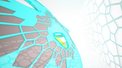 Abstract white, brown and yellow parametric interior with window. 3D illustration and rendering.