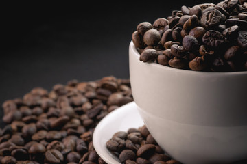 coffee in white cup and coffee beans are the background.
