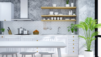 Modern and loft  kitchen ,pantry, dinning room ,White  modern furniture on woodfloor and concrete floor .3drender