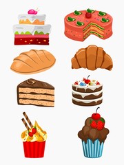 Editable Various Detailed Cakes and Breads Vector Illustration for Restaurant or Cake Shop and Bakery Marketing or Food Related Design