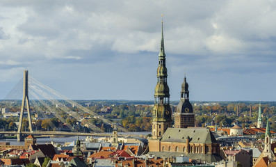 Aerial view on venter of old Riga - the capital of Latvia and famous Baltic city widely known among tourists due to its unique medieval and Gothic architecture