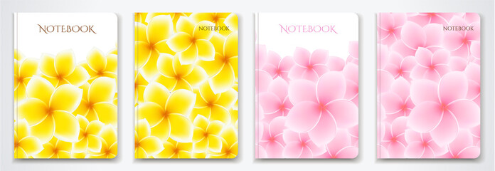 Cover designI of Notebook/ Planner with isolated Frangipani / plumeria flowers. Vector illustration on white background used foe book cover, brochure, booklet
