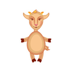 Cute cartoon vector Capricorn, goat, kid domestic animal stand isolated on white background, farmer mammal decorative element zodiac for design greeting card, creation of alphabet, children invitation