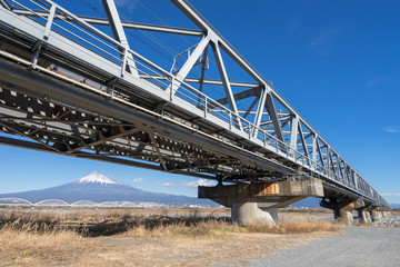富士川河川敷から見る富士山と新幹線富士川鉄橋の風景