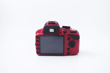 red camera with a lens on a white background