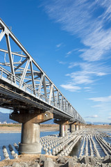 Naklejka premium 富士川河川敷から見る新幹線富士川鉄橋の風景