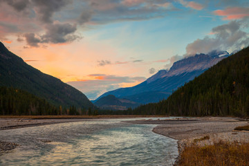 A river in the mountains at sunset, British Columbia, Canada