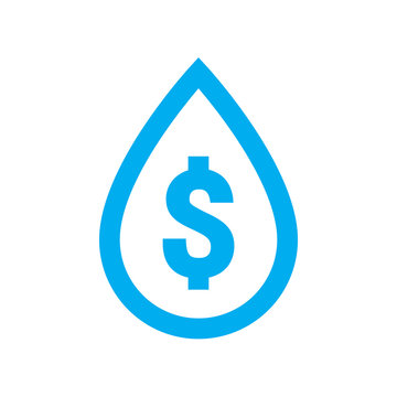 Water cost and save icon. Blue dollar symbol in water drop sign isolated on white background. Vector illustration.