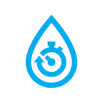 Limit Water Use Icon. Blue Stopwatch In Water Drop Symbol Isolated On White Background. Vector Illustration.