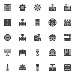 Industry factory vector icons set, modern solid symbol collection filled style pictogram pack. Signs logo illustration. Set includes icons as warehouse, clock gear, discharge of liquid chemical waste