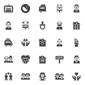 Family members vector icons set, modern solid symbol collection, filled style pictogram pack. Signs, logo illustration. Set includes icons as picture in photo frame, pregnancy, caravan trailer home