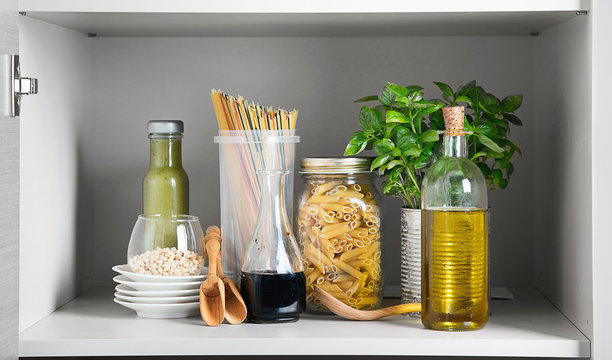 Kitchen Pantry With Italian Food Products.