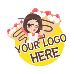 Cute girl character with crepe stowbery logo, object, symbol, text, isolate on white background, cartoon vector illustration.