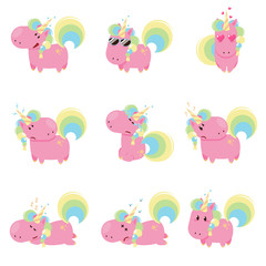 Vector set of unicorns with different emoticons. Flat design illustration