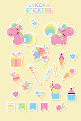 Collection cartoon unicorn stickers for birthday party. Flat design style