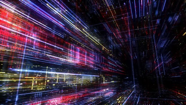 Abstract digital abstract virtual city. Scanning city for hackers attack concept. Software developer, programming, binary computer code with technology and connection concept. 3D render 4K loop