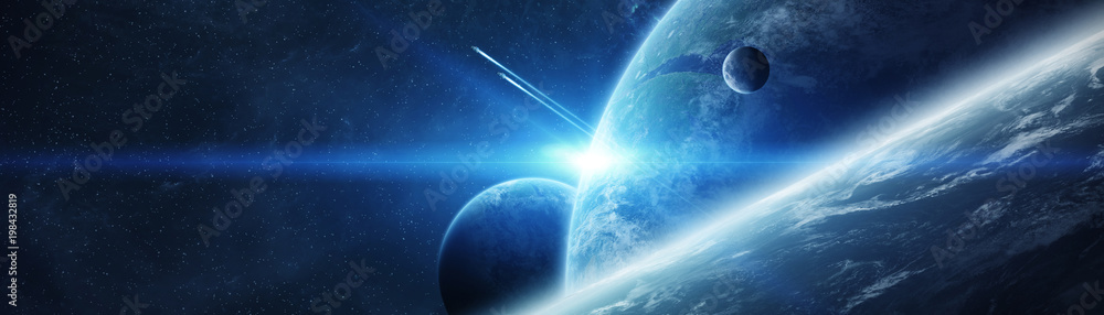Poster Panoramic view of planets in distant solar system 3D rendering elements of this image furnished by NASA