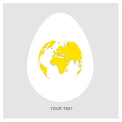 Flat Vector logo white egg with yellow world map. Planet Earth in form of egg yolk on light gray background with copy-space for your text