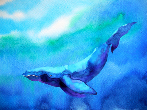 big whale diving swimming in deep blue ocean sea watercolor painting illustration design hand drawn