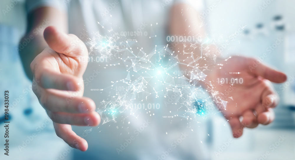 Fototapete Businessman using digital binary code connection network 3D rendering
