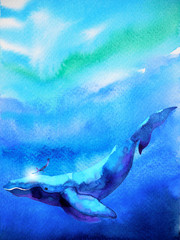 human and whale diving swimming underwater together watercolor painting illustration hand drawn