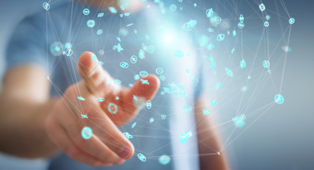 Businessman using flying network connection interface 3D rendering