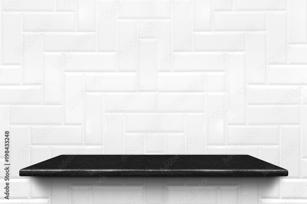 Poster empty black marble shelf at white ceramic tile wall pattern background,mock up for display or montag