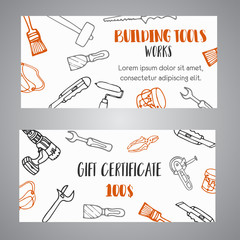 Gift certificate for building tools store Home improvement construction tool hand drawn banners. Bussiness template, sale, voucher, advert, header