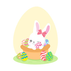 Cute baby bunny white easter rabbit, ribbon in colourful egg hunter brown basket on isolated background for icon, celebrate holiday, invitation, greeting card, flat design cartoon vector illustration.