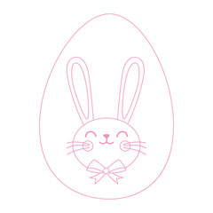 Cute baby white Easter rabbit bunny with ribbon in egg hunter on pink background for icon, Symbol celebrate holiday, invitation, greeting card, cartoon vector illustration.