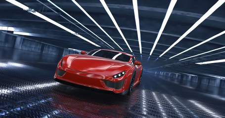 Fototapeta na wymiar Luxury concept sports car 3d model in a showroom. Reflections all around.