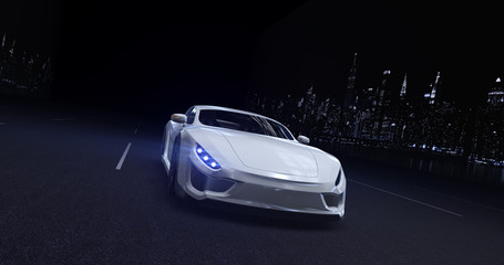 Obraz na płótnie Canvas White sports car moving on highway in the city at night with headlights on