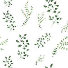 Naklejka premium Watercolor illustration green leaves on isolated background. Seamless pattern.