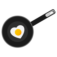 Isolated colored realistic black frying pan with fried eggs heart shape on white background. View from above.
