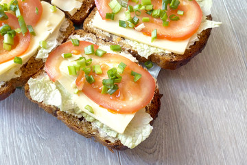 Sandwiches with tomato cheese and green onions