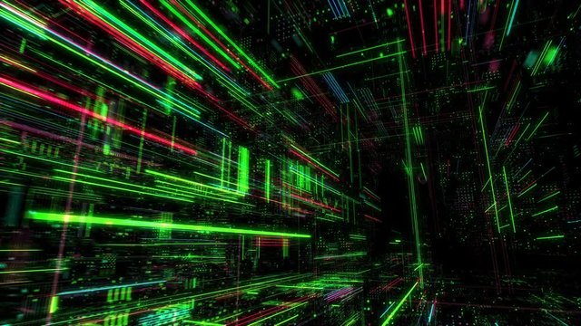 Abstract digital matrix particles grid virtual reality abstract cyber space science and technology background. Futuristic monitor with code and information hologram. 3D render 4K loop.