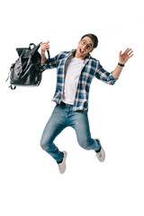 screaming student jumping with backpack isolated on white