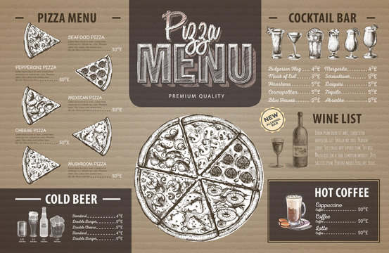 Vintage pizza menu design on cardboard. Restaurant menu