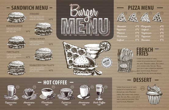 Vintage  burger menu design on cardboard. Fast food menu