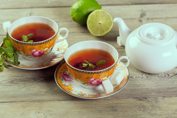 Cup of tea on wooden table