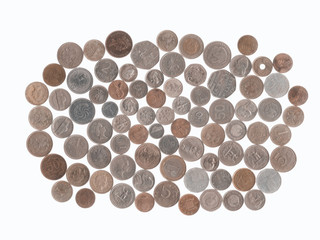 Collection of coins of different countries brought from tourist trips