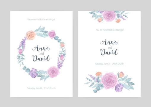 Bundle of elegant wedding invitation templates decorated with wreath and bouquets made of blooming flowers. Set of cards with floral decorative elements and place for text. Vector illustration.