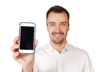 happy young man using mobile phone