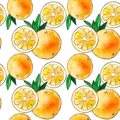бесшовный узор с апельсинами. Акварельный рисунок
