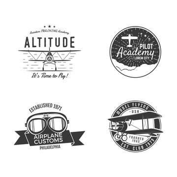 Vintage hand drawn old fly stamps. Travel or business airplane tour emblems. Airplane logo designs. Retro aerial badge. Pilot school logos. Plane tee design, prints. Stock vector stamps isolated