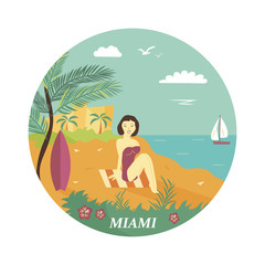 Obraz na płótnie Canvas Welcome to Miami poster. Pretty girl, palms, beach