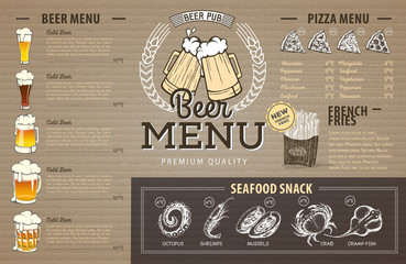 Vintage beer menu design on cardboard. Restaurant menu