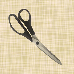 Scissors lie on the fabric. Seamstress vector illustration. Sewing accessories. Vector illustration.